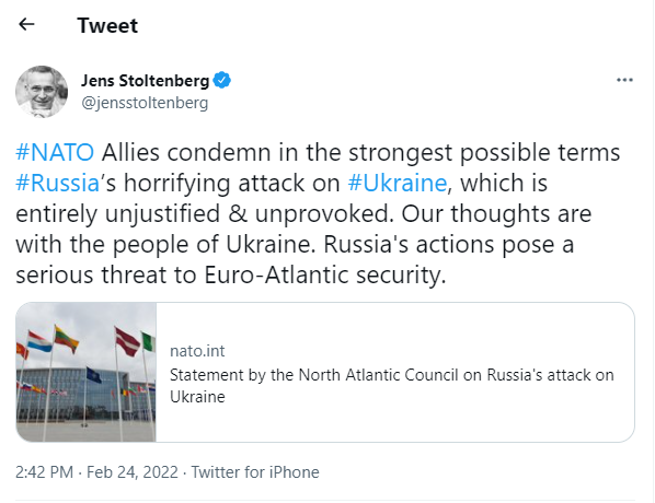 NATO Chief Condemns Russia’s horrifying attack on Ukraine