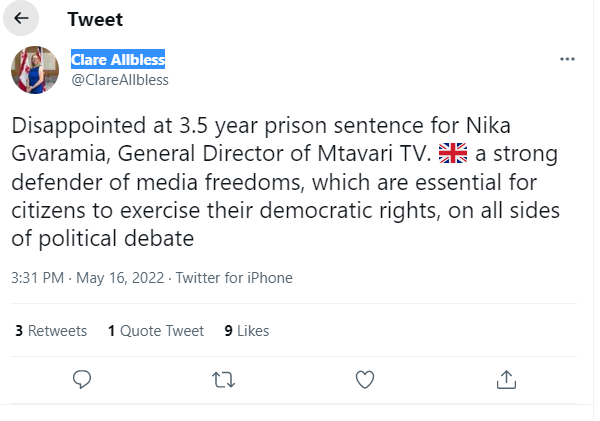 Disappointed at 3.5 year prison sentence for Nika Gvaramia - British Ambassador